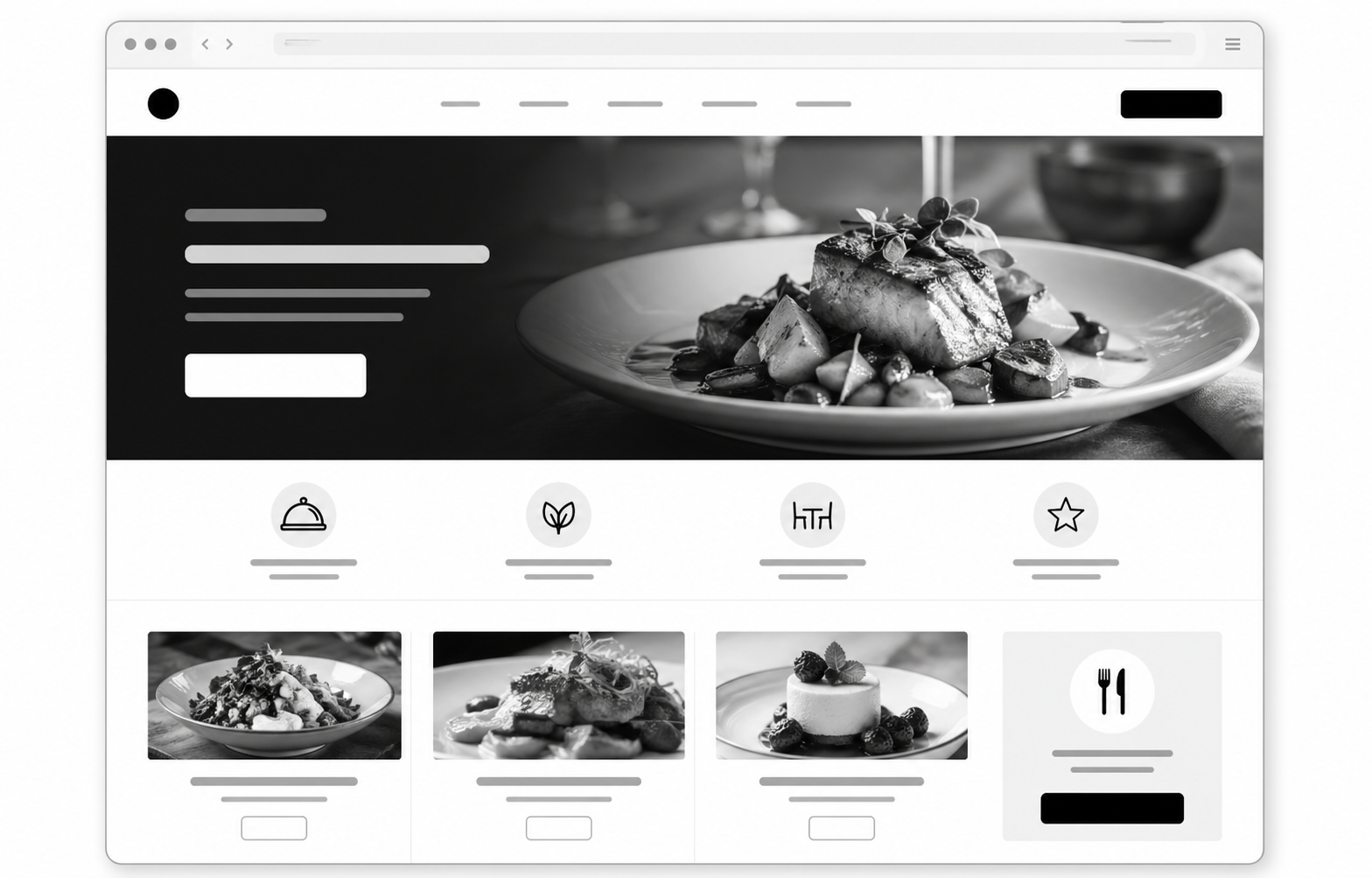 Maqueta visual de una página web moderna para restaurante con estructura clara y botón visible